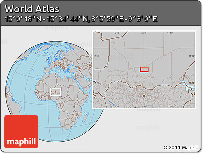Gray Location Map of the Area around 15° 17' 31" N, 8° 34' 29" E