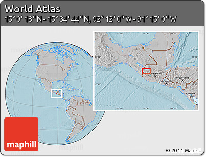 Gray Location Map of the Area around 15° 17' 31" N, 91° 43' 29" W, hill shading