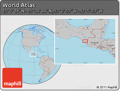 Gray Location Map of the Area around 15° 17' 31" N, 92° 34' 29" W