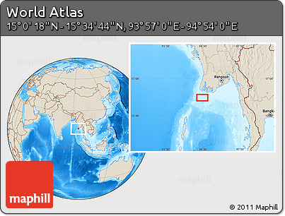 Shaded Relief Location Map of the Area around 15° 17' 31" N, 94° 25' 30" E