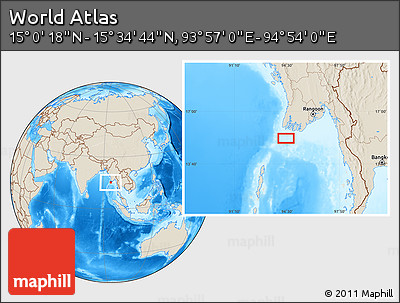 Shaded Relief Location Map of the Area around 15° 17' 31" N, 94° 25' 30" E