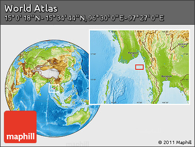 Physical Location Map of the Area around 15° 17' 31" N, 96° 58' 29" E