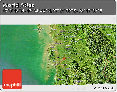 Satellite 3D Map of the Area around 15° 17' 31" N, 97° 49' 29" E