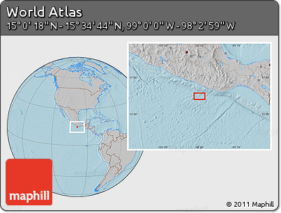 Gray Location Map of the Area around 15° 17' 31" N, 98° 31' 30" W, hill shading