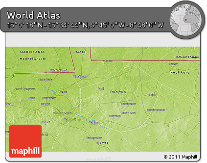 Physical 3D Map of the Area around 15° 17' 31" N, 9° 16' 30" W
