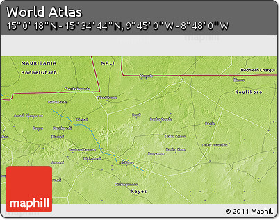 Physical 3D Map of the Area around 15° 17' 31" N, 9° 16' 30" W