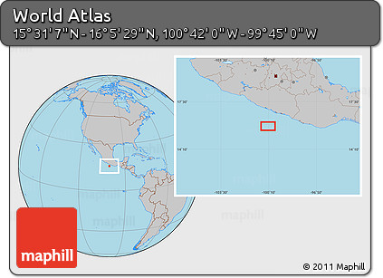Gray Location Map of the Area around 15° 48' 18" N, 100° 13' 29" W