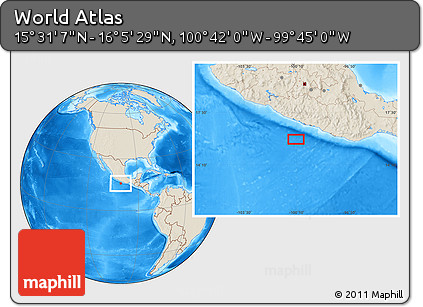 Shaded Relief Location Map of the Area around 15° 48' 18" N, 100° 13' 29" W