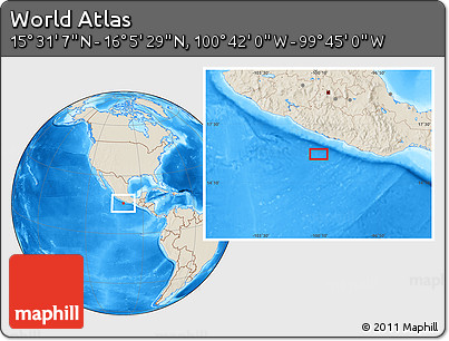 Shaded Relief Location Map of the Area around 15° 48' 18" N, 100° 13' 29" W