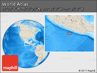 Shaded Relief Location Map of the Area around 15° 48' 18" N, 100° 13' 29" W