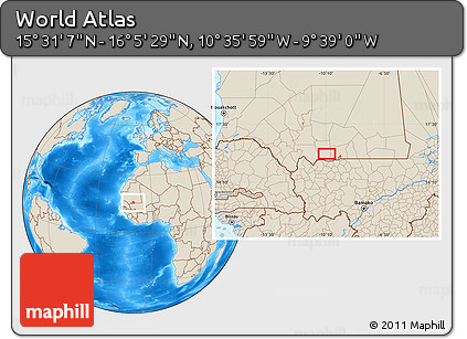 Shaded Relief Location Map of the Area around 15° 48' 18" N, 10° 7' 30" W