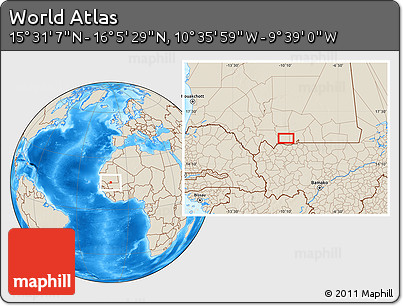 Shaded Relief Location Map of the Area around 15° 48' 18" N, 10° 7' 30" W