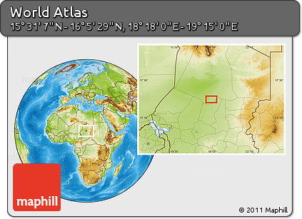 Physical Location Map of the Area around 15° 48' 18" N, 18° 46' 29" E