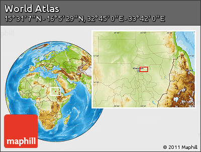 Physical Location Map of the Area around 15° 48' 18" N, 33° 13' 30" E