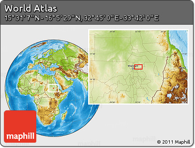 Physical Location Map of the Area around 15° 48' 18" N, 33° 13' 30" E