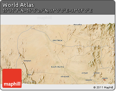 Satellite 3D Map of the Area around 15° 48' 18" N, 37° 28' 30" E
