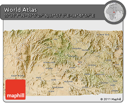 Satellite 3D Map of the Area around 15° 48' 18" N, 38° 19' 30" E