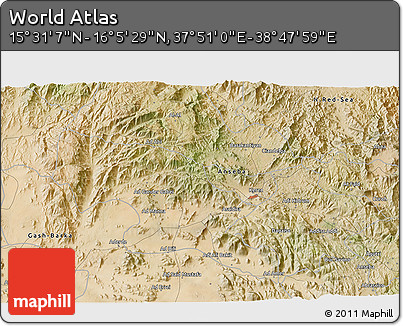 Satellite 3D Map of the Area around 15° 48' 18" N, 38° 19' 30" E