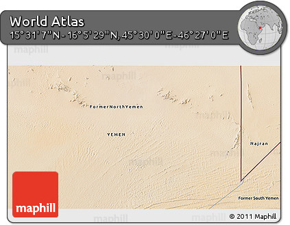 Satellite 3D Map of the Area around 15° 48' 18" N, 45° 58' 30" E