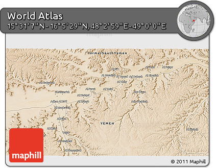 Satellite 3D Map of the Area around 15° 48' 18" N, 48° 31' 29" E