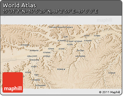 Satellite 3D Map of the Area around 15° 48' 18" N, 48° 31' 29" E