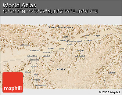 Satellite 3D Map of the Area around 15° 48' 18" N, 48° 31' 29" E