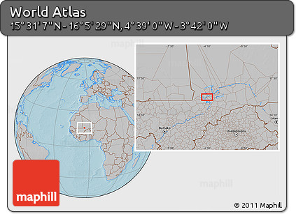 Gray Location Map of the Area around 15° 48' 18" N, 4° 10' 30" W, hill shading