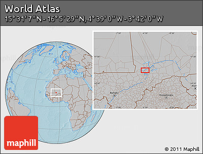 Gray Location Map of the Area around 15° 48' 18" N, 4° 10' 30" W, hill shading