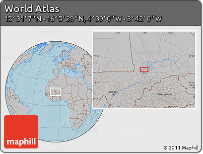 Gray Location Map of the Area around 15° 48' 18" N, 4° 10' 30" W, hill shading