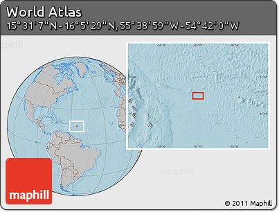 Gray Location Map of the Area around 15° 48' 18" N, 55° 10' 29" W, hill shading