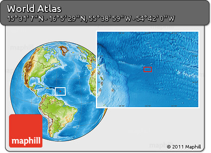 Physical Location Map of the Area around 15° 48' 18" N, 55° 10' 29" W