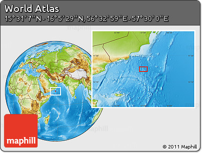 Physical Location Map of the Area around 15° 48' 18" N, 57° 1' 29" E