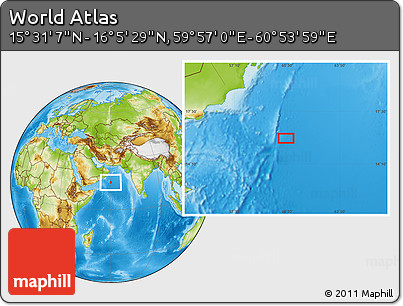 Physical Location Map of the Area around 15° 48' 18" N, 60° 25' 29" E