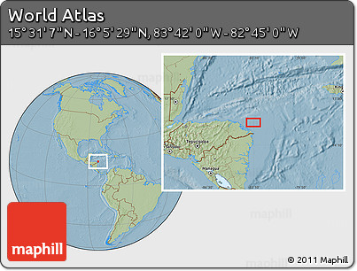 Savanna Style Location Map of the Area around 15° 48' 18" N, 83° 13' 29" W, hill shading