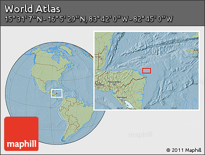 Savanna Style Location Map of the Area around 15° 48' 18" N, 83° 13' 29" W, hill shading