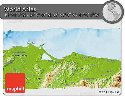 Physical 3D Map of the Area around 15° 48' 18" N, 87° 28' 29" W