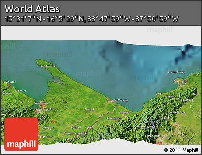 Satellite 3D Map of the Area around 15° 48' 18" N, 88° 19' 29" W