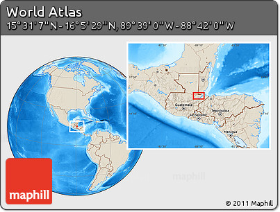 Shaded Relief Location Map of the Area around 15° 48' 18" N, 89° 10' 30" W