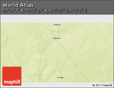 Physical 3D Map of the Area around 15° 48' 18" N, 8° 34' 29" E