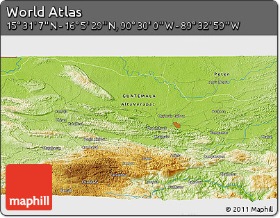 Physical 3D Map of the Area around 15° 48' 18" N, 90° 1' 30" W