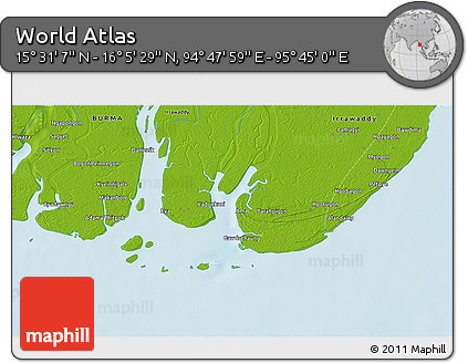 Physical 3D Map of the Area around 15° 48' 18" N, 95° 16' 30" E