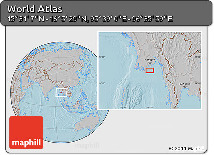 Gray Location Map of the Area around 15° 48' 18" N, 96° 7' 30" E, hill shading