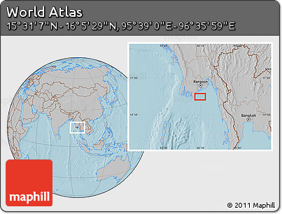 Gray Location Map of the Area around 15° 48' 18" N, 96° 7' 30" E, hill shading