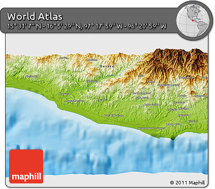Physical 3D Map of the Area around 15° 48' 18" N, 96° 49' 29" W