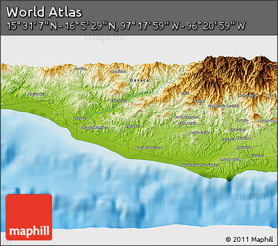 Physical 3D Map of the Area around 15° 48' 18" N, 96° 49' 29" W
