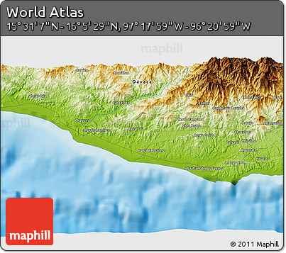 Physical 3D Map of the Area around 15° 48' 18" N, 96° 49' 29" W