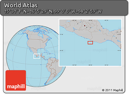 Gray Location Map of the Area around 15° 48' 18" N, 98° 31' 30" W