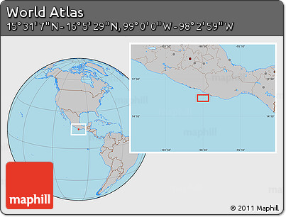 Gray Location Map of the Area around 15° 48' 18" N, 98° 31' 30" W