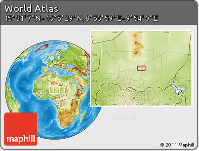 Physical Location Map of the Area around 15° 48' 18" N, 9° 25' 30" E