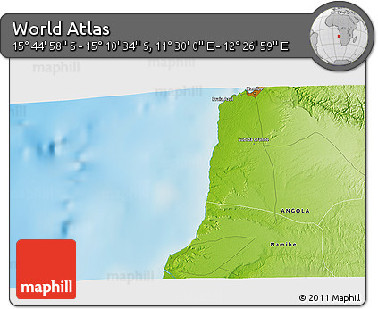 Physical 3D Map of the Area around 15° 27' 46" S, 11° 58' 29" E